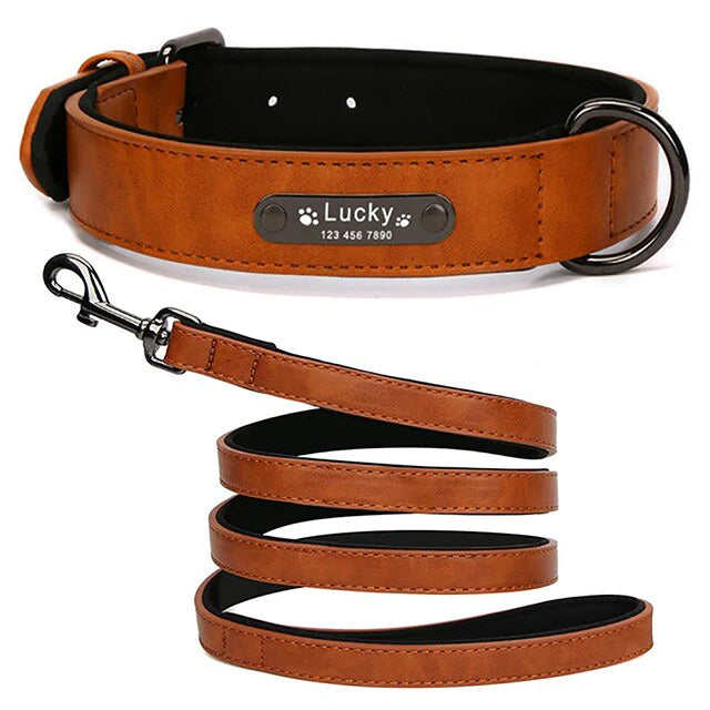 Luxury Personalized Leather Dog Collar & Leash (Laser Engraving)