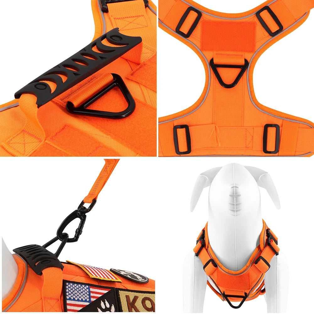 NEW Reflective Blaze Orange Team K9 No-Pull Tactical Dog Harness with 4 Metal Buckles, Reinforced Front V-Ring, & Reflective Strips