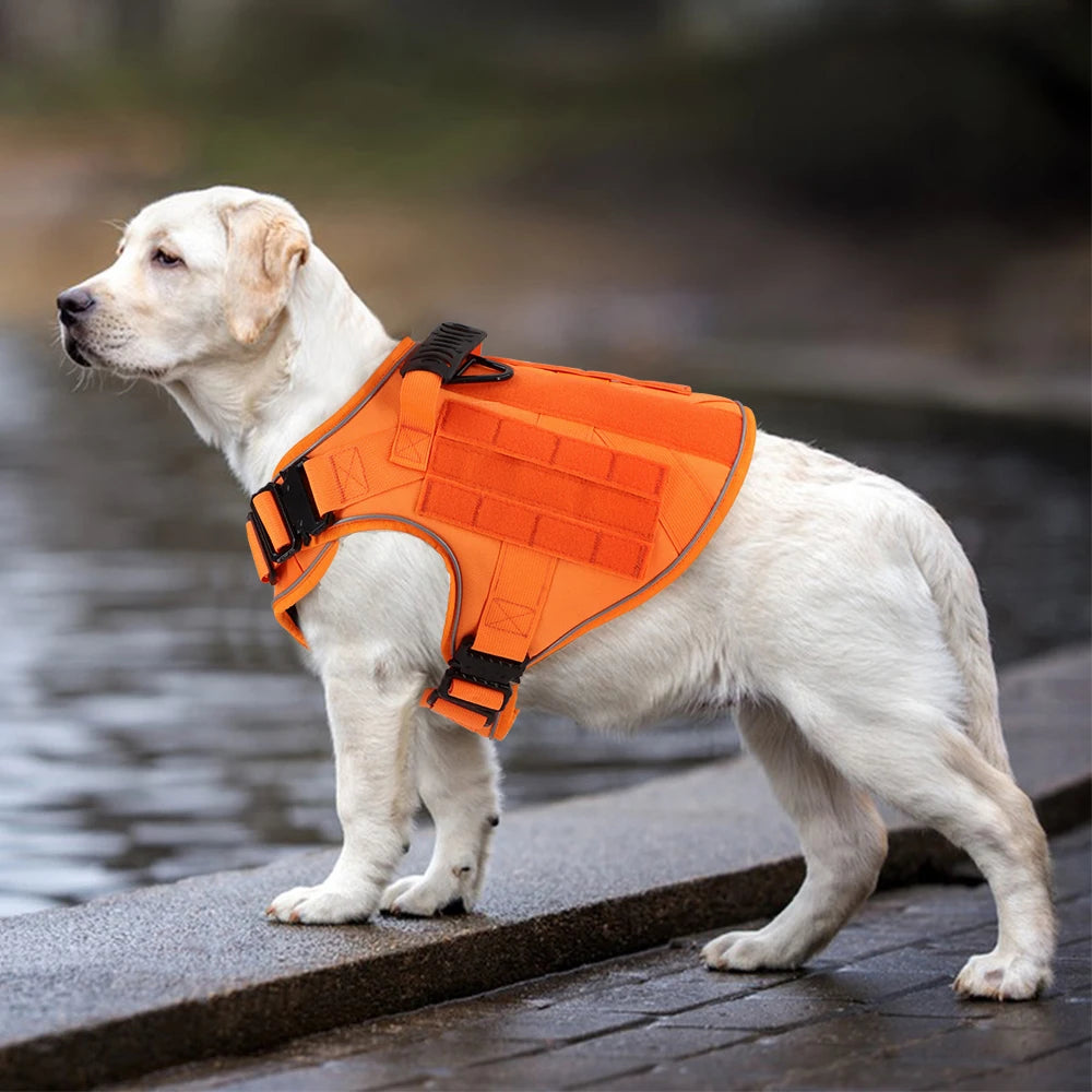 NEW Reflective Blaze Orange Team K9 No-Pull Tactical Dog Harness with 4 Metal Buckles, Reinforced Front V-Ring, & Reflective Strips