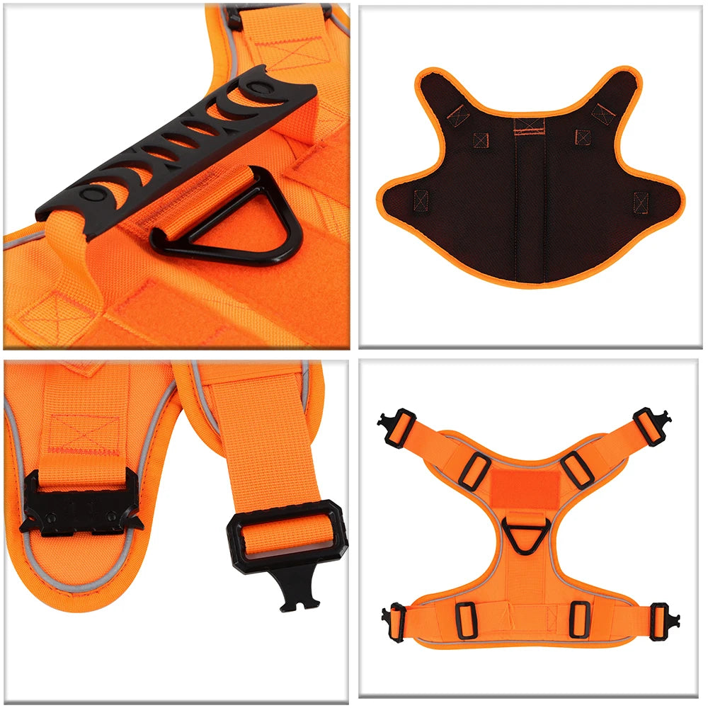 NEW Reflective Blaze Orange Team K9 No-Pull Tactical Dog Harness with 4 Metal Buckles, Reinforced Front V-Ring, & Reflective Strips