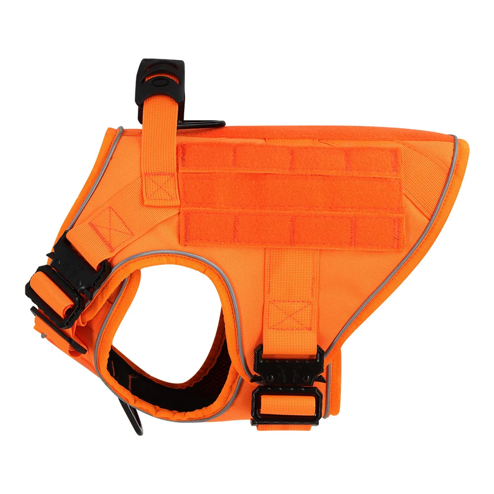 NEW Reflective Blaze Orange Team K9 No-Pull Tactical Dog Harness with 4 Metal Buckles, Reinforced Front V-Ring, & Reflective Strips