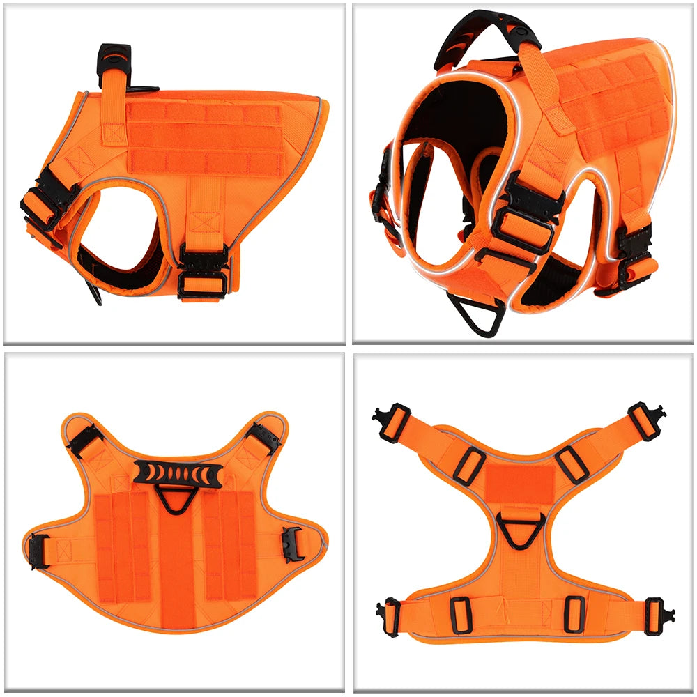 NEW Reflective Blaze Orange Team K9 No-Pull Tactical Dog Harness with 4 Metal Buckles, Reinforced Front V-Ring, & Reflective Strips